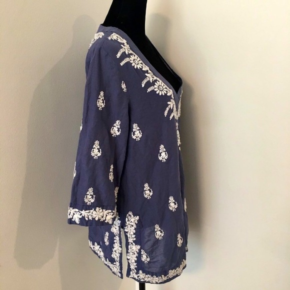 SAFFIRE Blue V-Neck Floral Embroidered Sequin Boho Tunic 3/4 Sleeves Size Medium - Picture 3 of 8